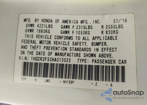 2017 Honda Accord Sport from USA, damaged, VIN 1HGCR2F50HA013520
